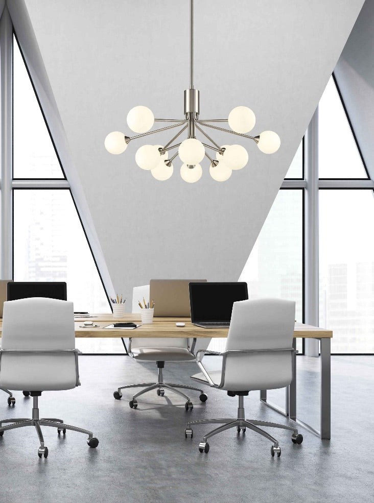 Franklite Cosmic 12-Light Satin Nickel Matte Opal Glass Pendant Chandelier