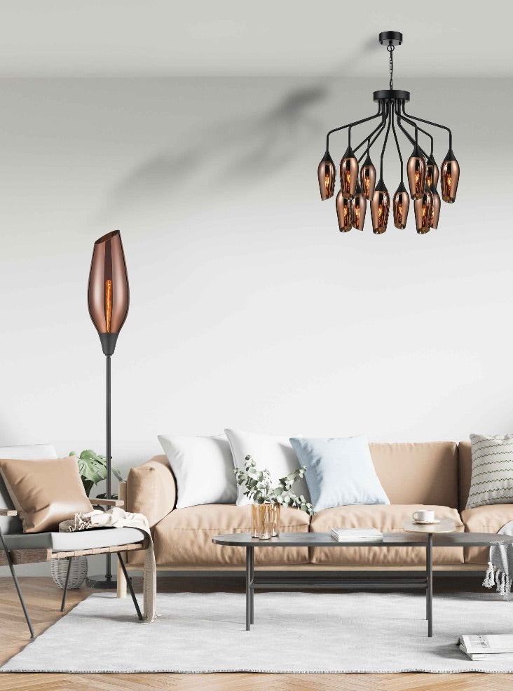 Franklite Taper 12-Light Matte Black Multi-Arm Chandelier with Copper Glass