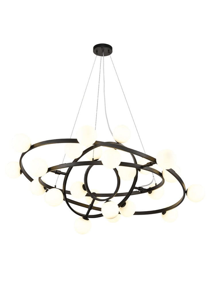 Franklite Atomic 24-Light Matte Black Multi-Ring Pendant Chandelier with Opal Glass