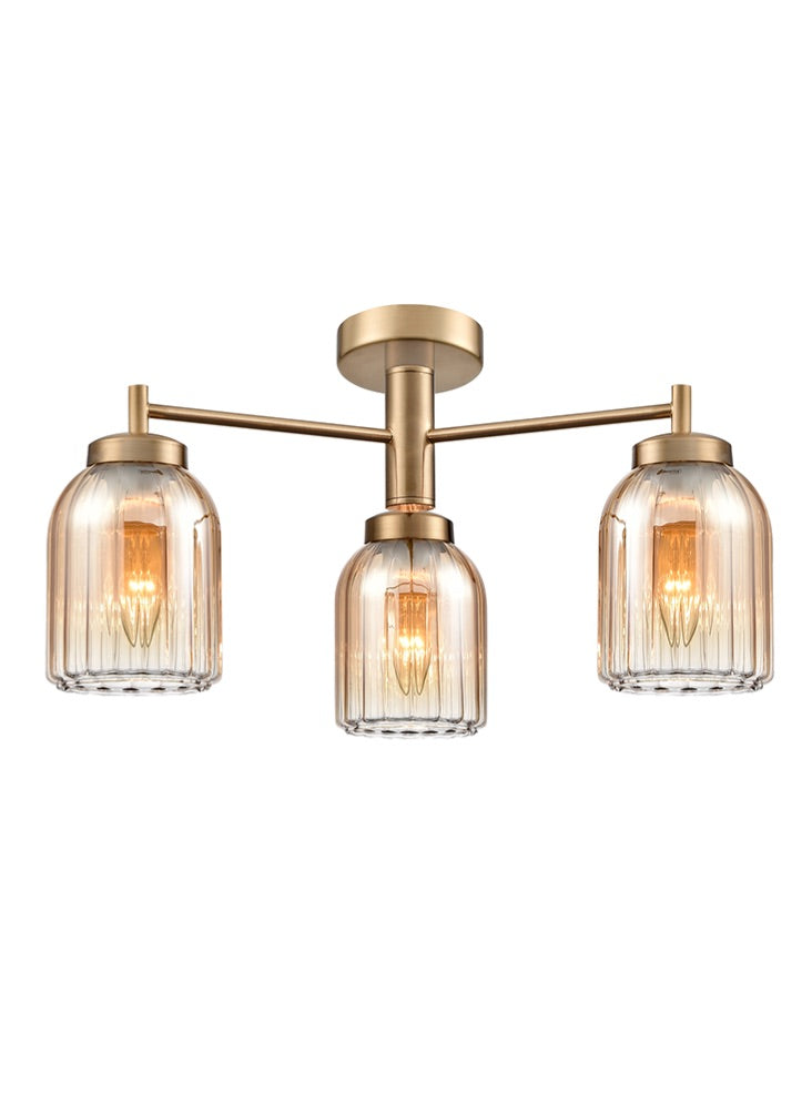 Franklite Caligo 3-Light Aged Brass Ribbed Amber Glass Chandelier