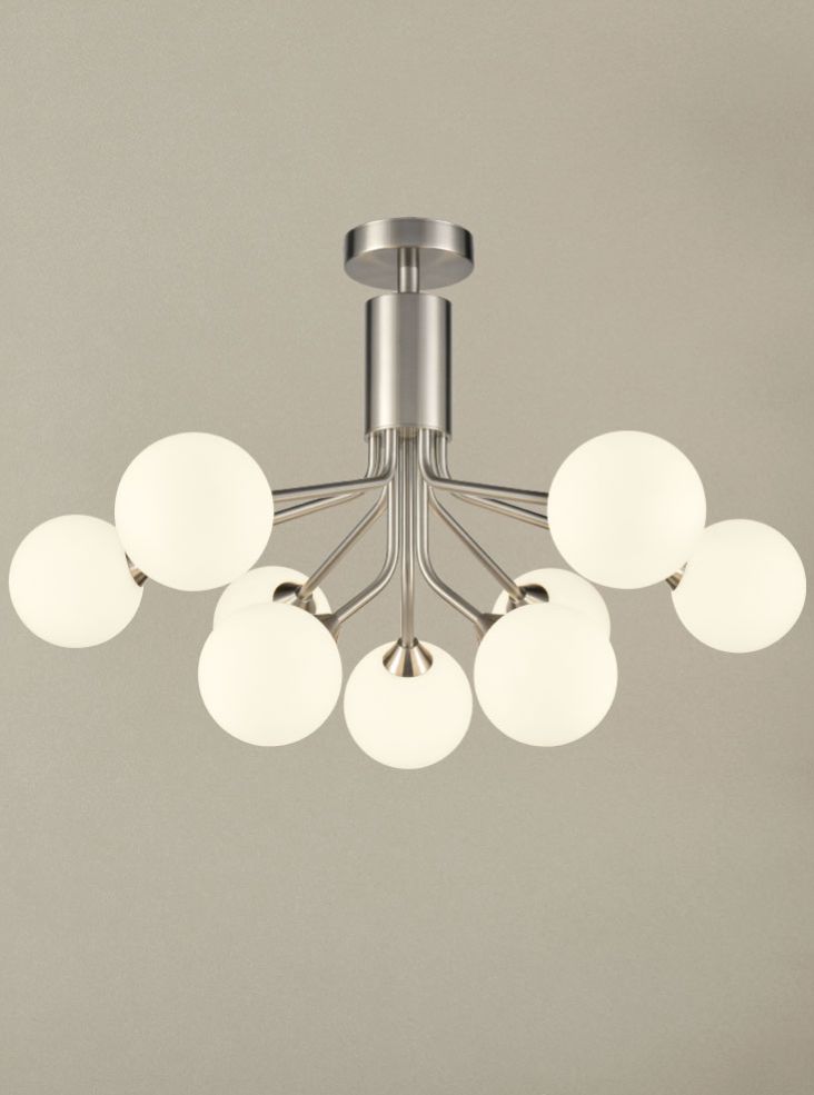 Franklite Cosmic 9-Light Satin Nickel Matte Opal Glass Globe Chandelier