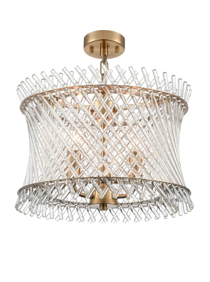 Franklite Ethereal 3-Light Aged Brass Glass Rod Drum Chandelier
