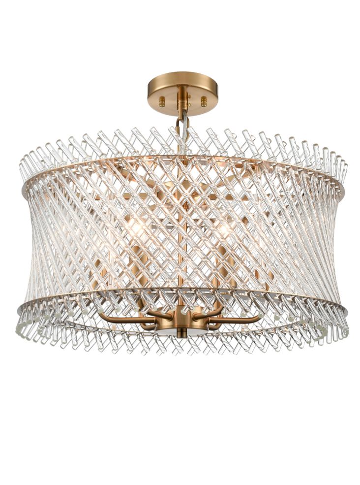 Franklite Ethereal 6-Light Aged Brass Glass Rod Drum Chandelier