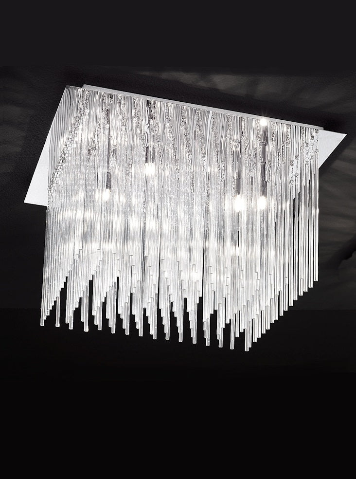 Franklite Carillon 600mm Square 10-Light Chrome Glass Rod Flush Chandelier