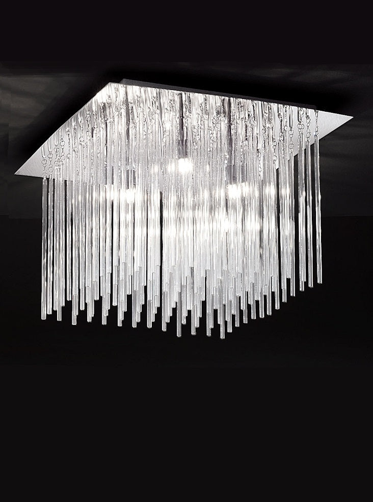 Franklite Carillon 500mm Square 8-Light Chrome Glass Rod Flush Chandelier