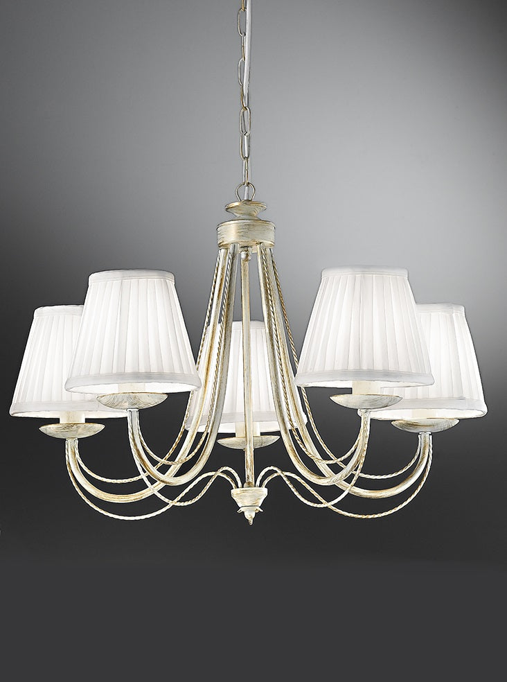 Franklite Philly 5-Light Cream Ironwork Candle Chandelier with White Pleated Shades