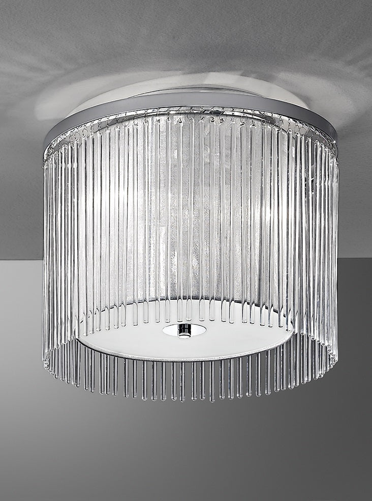 Franklite Eros 400mm 3-Light Chrome Lurex Shade Glass Rod Flush Chandelier