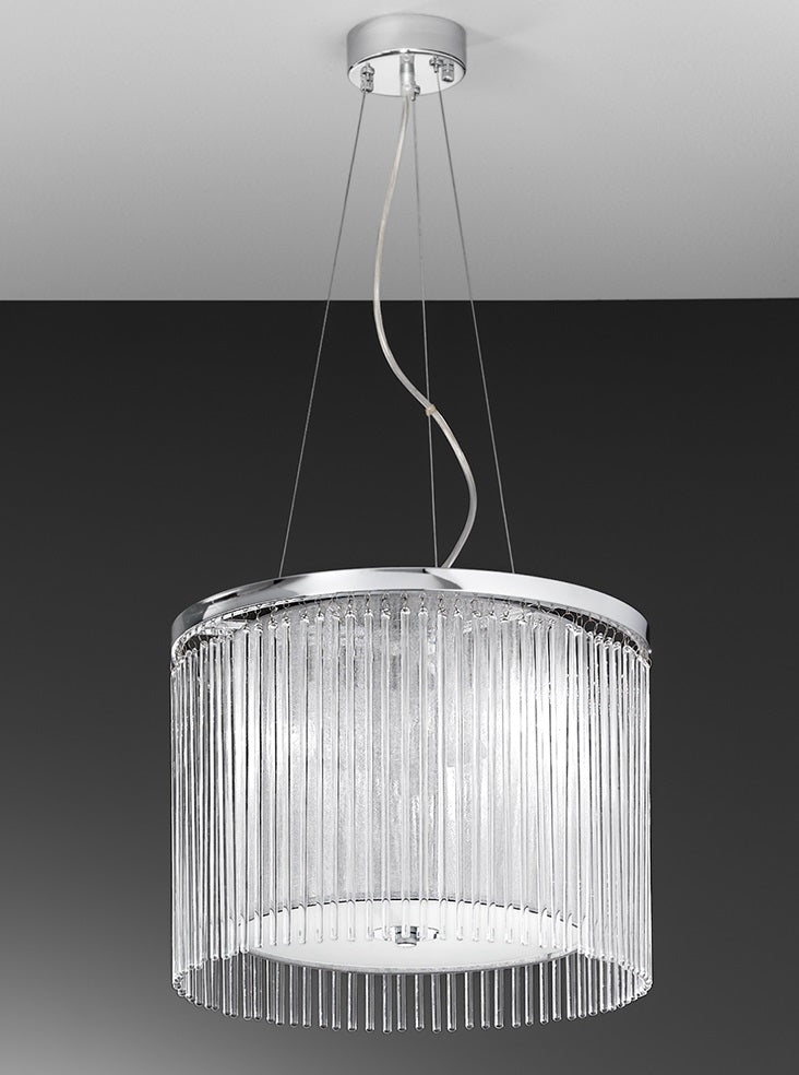 Franklite Eros 3-Light Chrome Lurex Shade Glass Rod Drum Chandelier