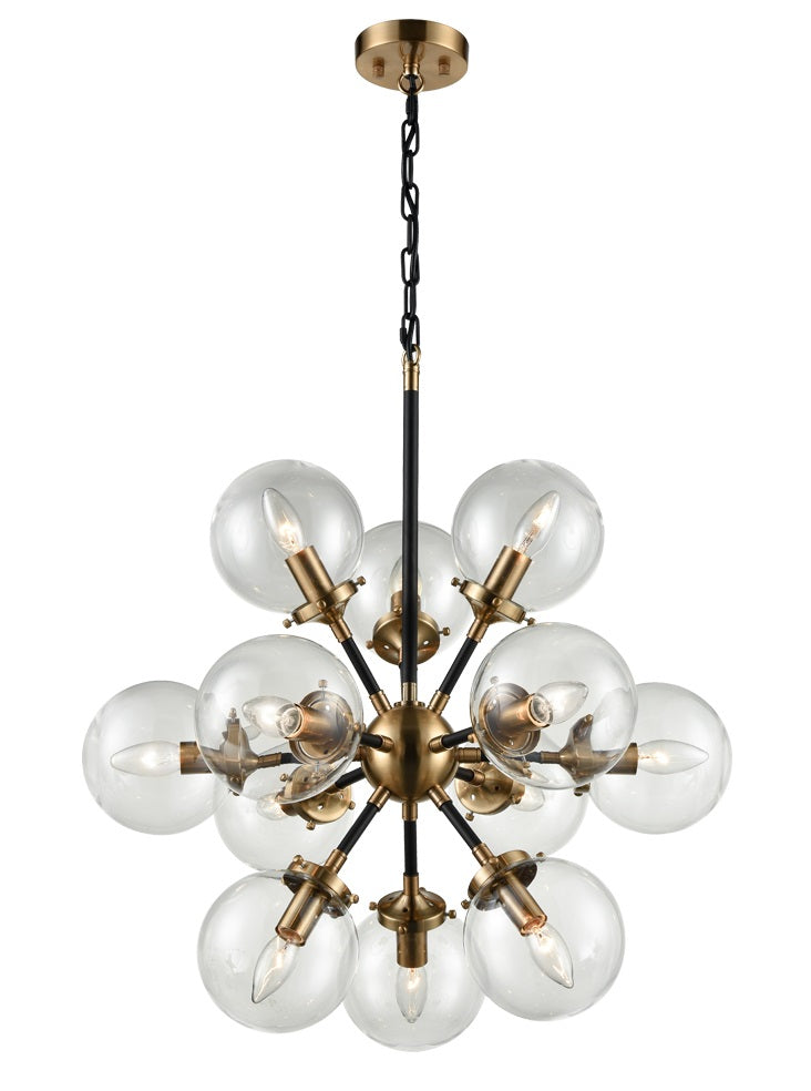 Franklite Reaction 12-Light Matte Black and Antique Gold Glass Globe Chandelier