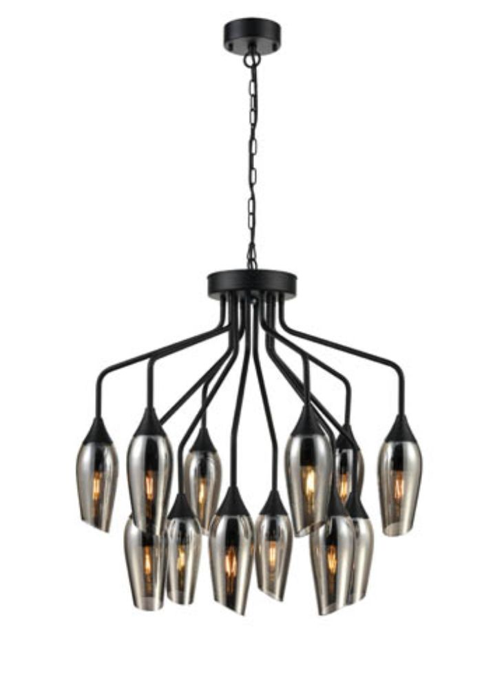 Franklite Taper 12-Light Matte Black Multi-Arm Chandelier with Smoked Glass