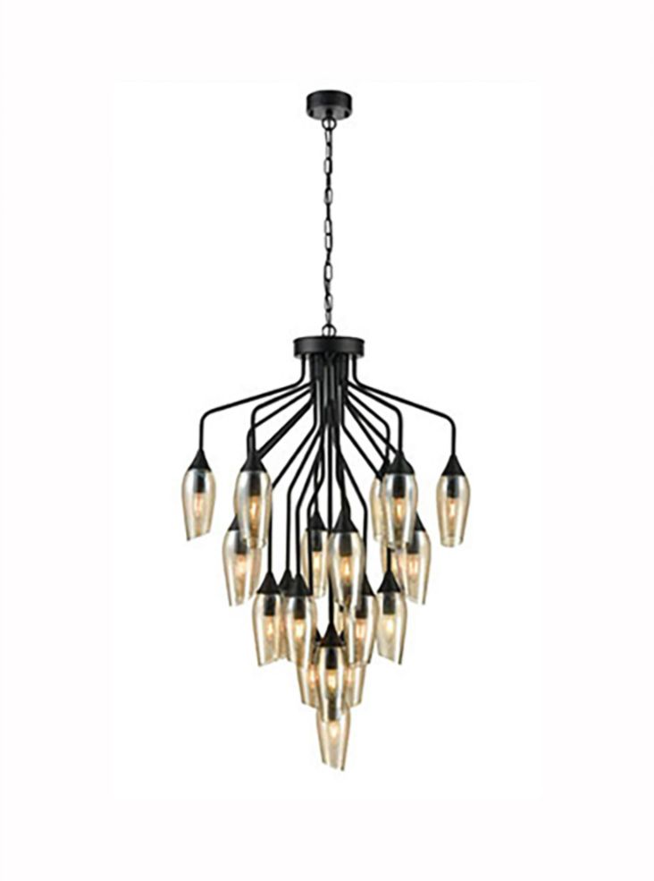 Franklite Taper 22-Light Matte Black Multi-Arm Chandelier with Amber Glass
