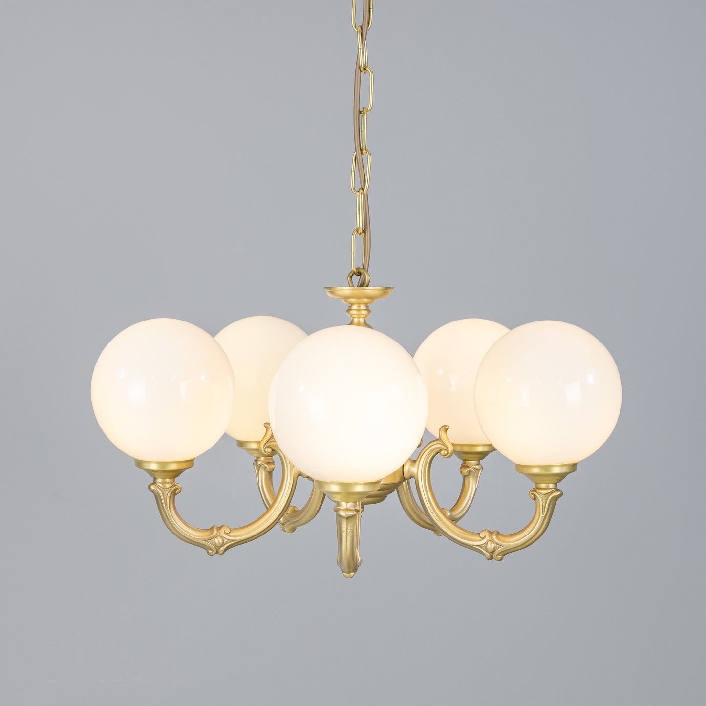 Mullan Lighting Ben Ornate 5-Light Brass Chandelier with Opal Glass Globes