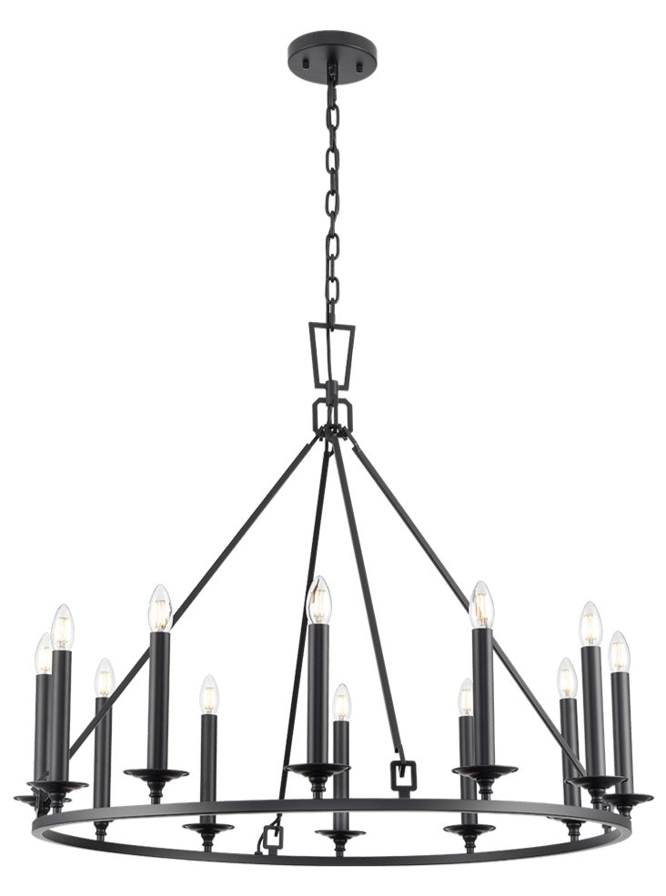 Franklite Tudor 12-Light Matte Black Ring Wagon Wheel Chandelier