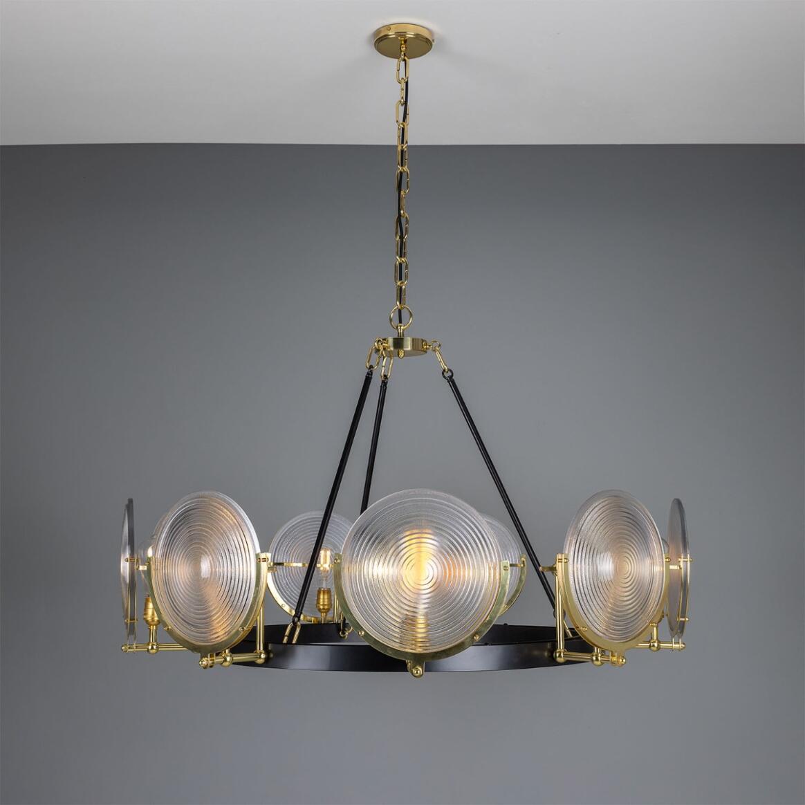 Mullan Lighting Portland 9-Light Polished Brass Prismatic Glass Dish Chandelier