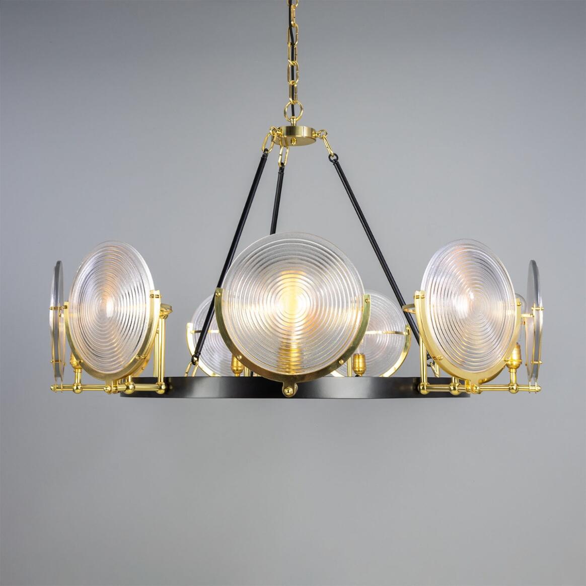 Mullan Lighting Portland 9-Light Polished Brass Prismatic Glass Dish Chandelier