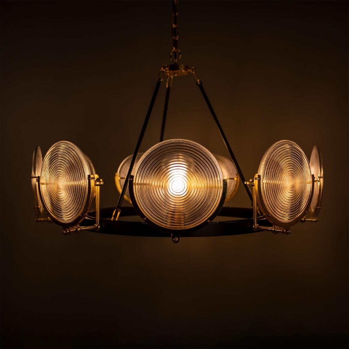 Mullan Lighting Portland 9-Light Polished Brass Prismatic Glass Dish Chandelier
