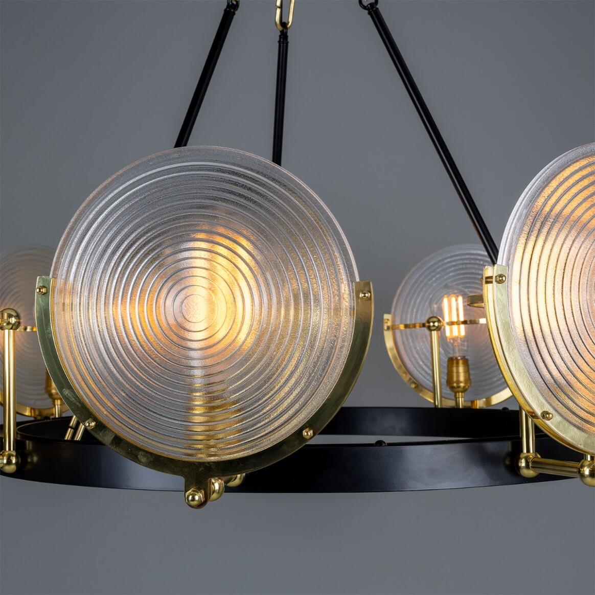 Mullan Lighting Portland 9-Light Polished Brass Prismatic Glass Dish Chandelier