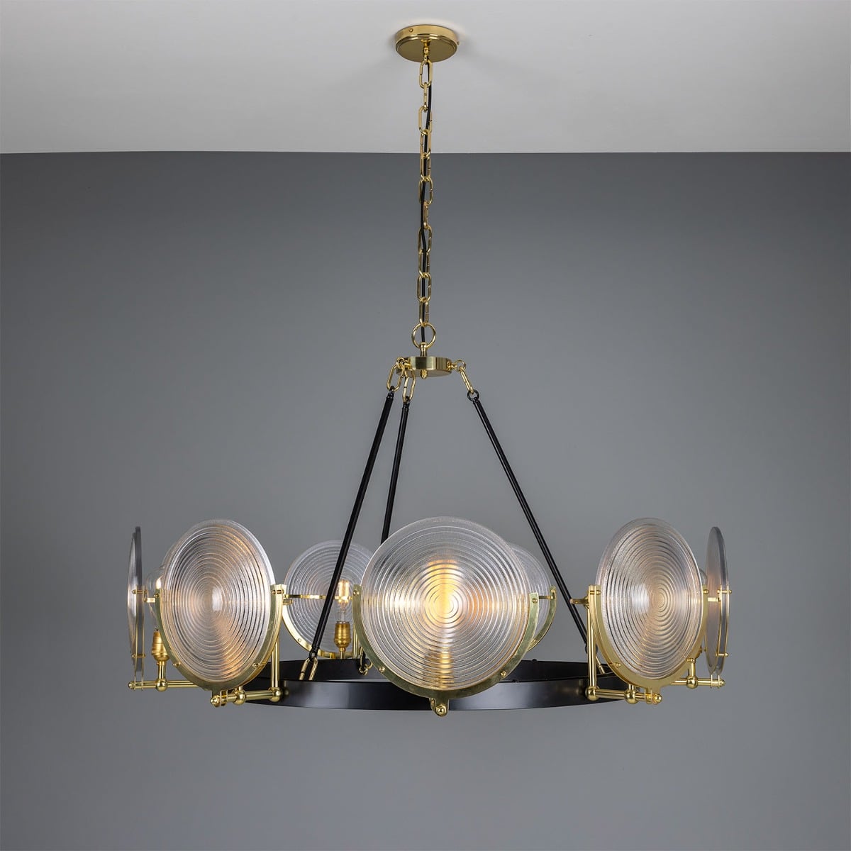 Mullan Lighting Portland 9-Light Polished Brass Prismatic Glass Dish Chandelier