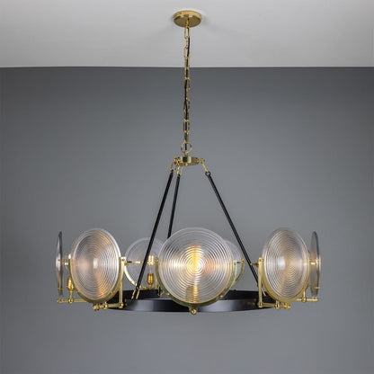 Mullan Lighting Portland 9-Light Polished Brass Prismatic Glass Dish Chandelier