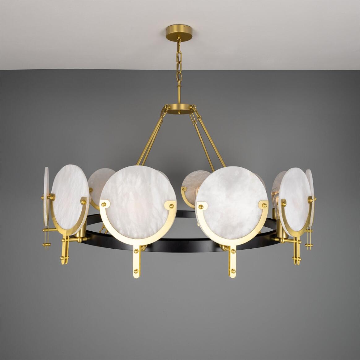 Mullan Lighting Edinburgh 12-Light Alabaster and Brass Ring Chandelier