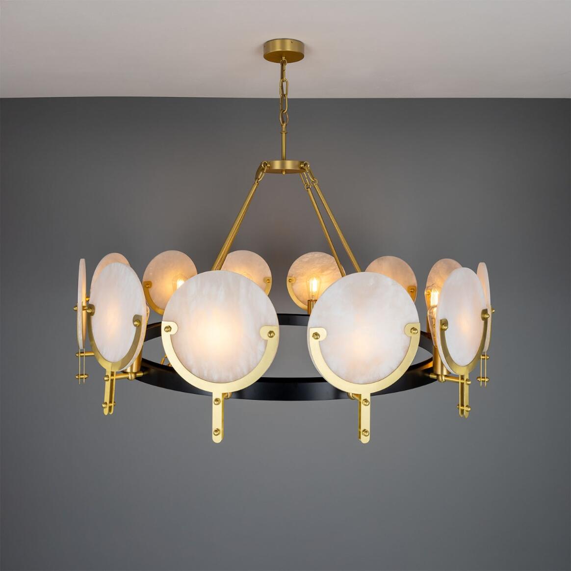 Mullan Lighting Edinburgh 12-Light Alabaster and Brass Ring Chandelier