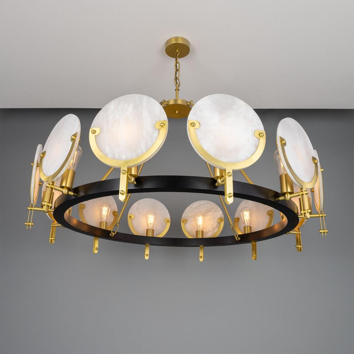 Mullan Lighting Edinburgh 12-Light Alabaster and Brass Ring Chandelier