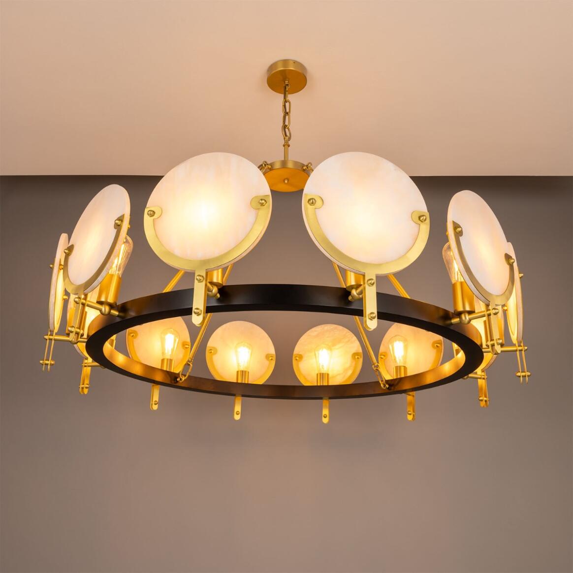 Mullan Lighting Edinburgh 12-Light Alabaster and Brass Ring Chandelier