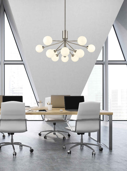 Franklite Cosmic 12-Light Satin Nickel Matte Opal Glass Pendant Chandelier