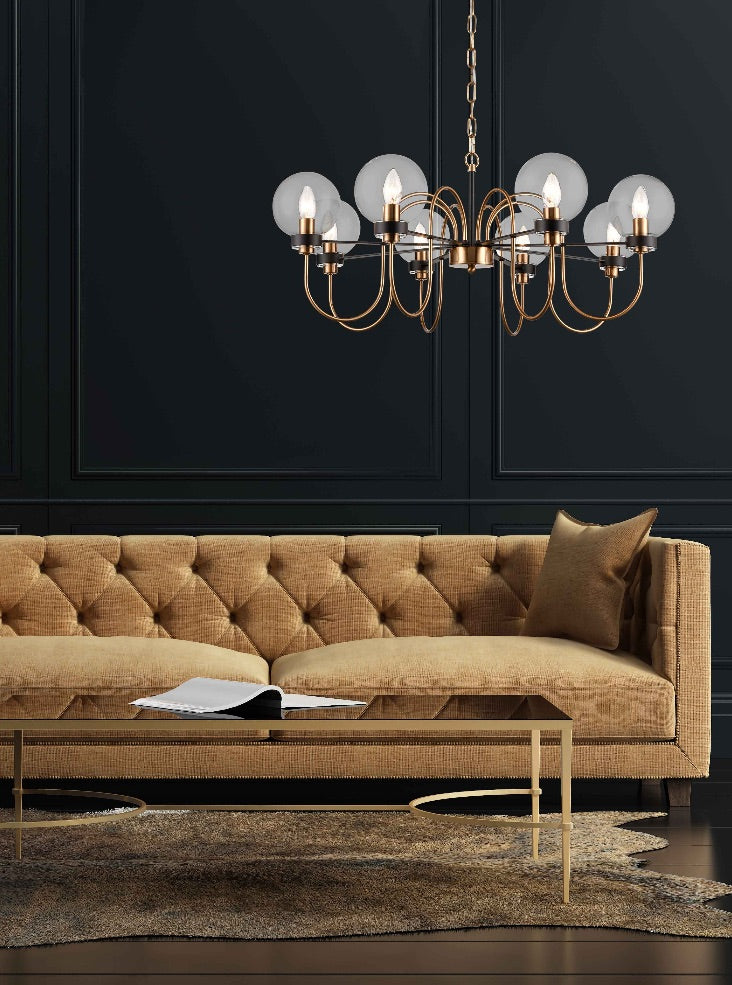 Franklite Equinox 8-Light Antique Gold & Matt Black Glass Sphere Globe Chandelier