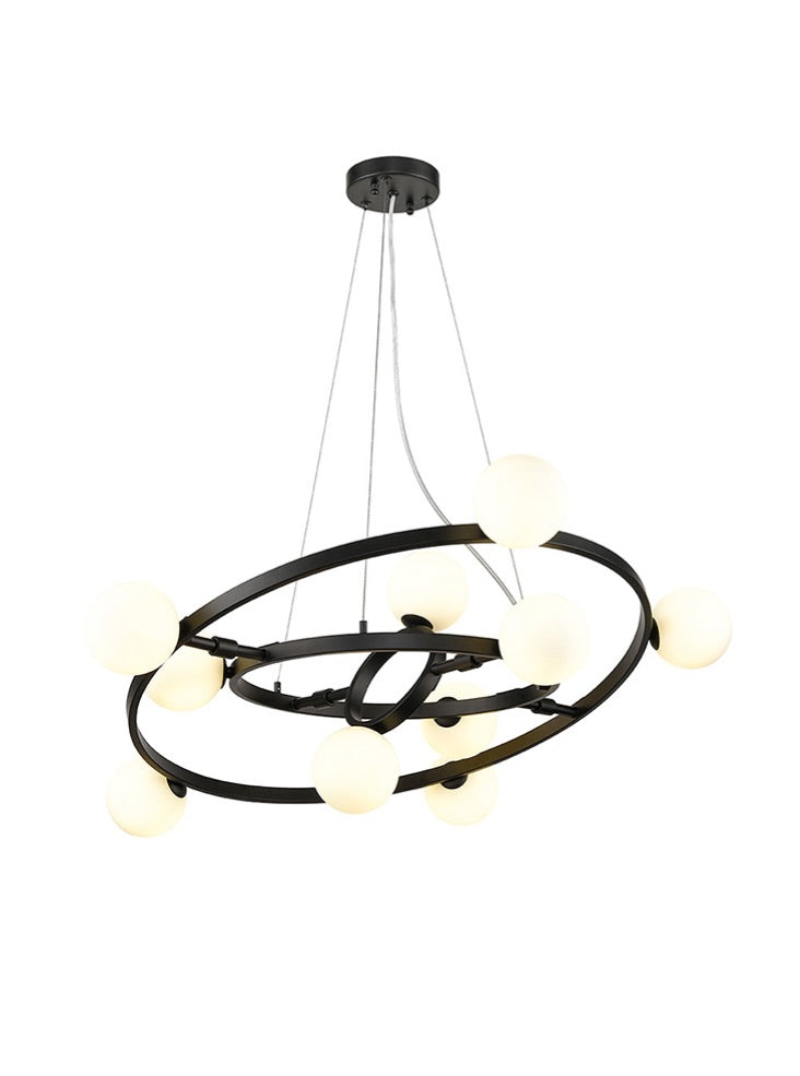 Franklite Atomic 10-Light Matte Black Multi-Ring Pendant Chandelier with Opal Glass