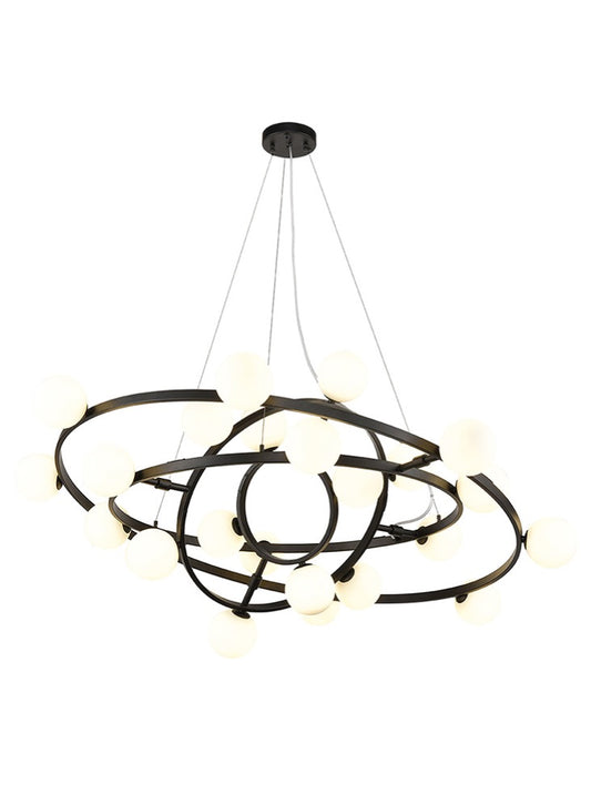 Franklite Atomic 24-Light Matte Black Multi-Ring Pendant Chandelier with Opal Glass