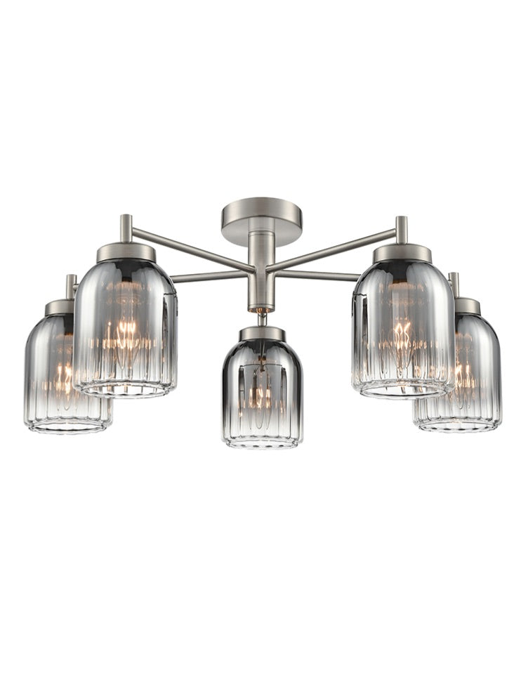 Franklite Caligo 5-Light Satin Nickel Ribbed Smoked Glass Chandelier