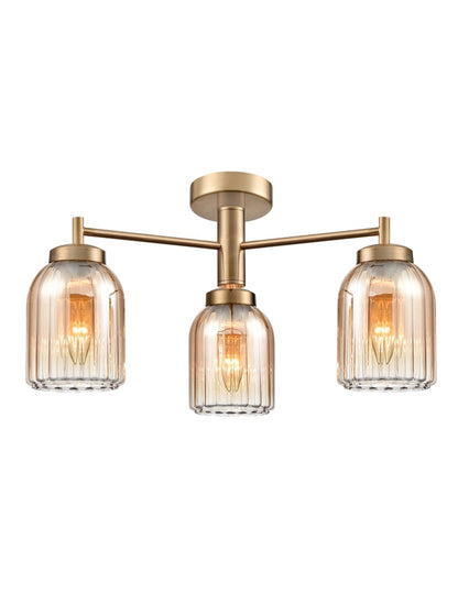 Franklite Caligo 3-Light Aged Brass Ribbed Amber Glass Chandelier