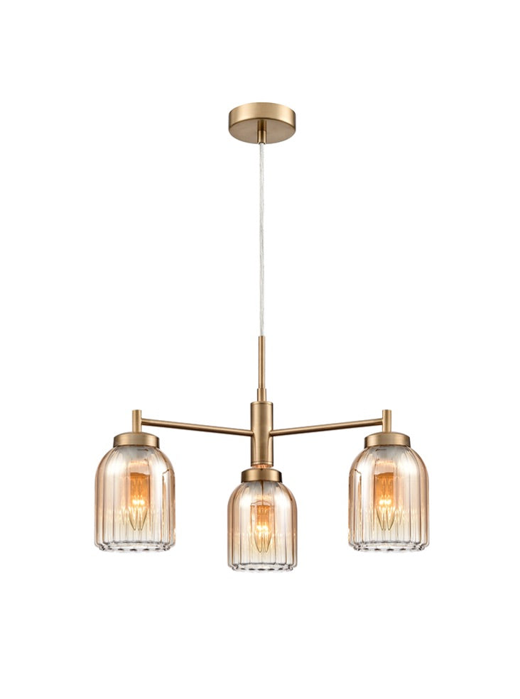 Franklite Caligo 3-Light Aged Brass Ribbed Amber Glass Chandelier