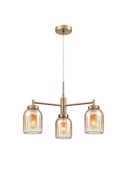 Franklite Caligo 3-Light Aged Brass Ribbed Amber Glass Chandelier