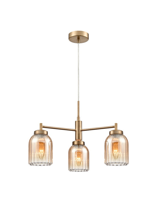 Franklite Caligo 3-Light Aged Brass Ribbed Amber Glass Chandelier