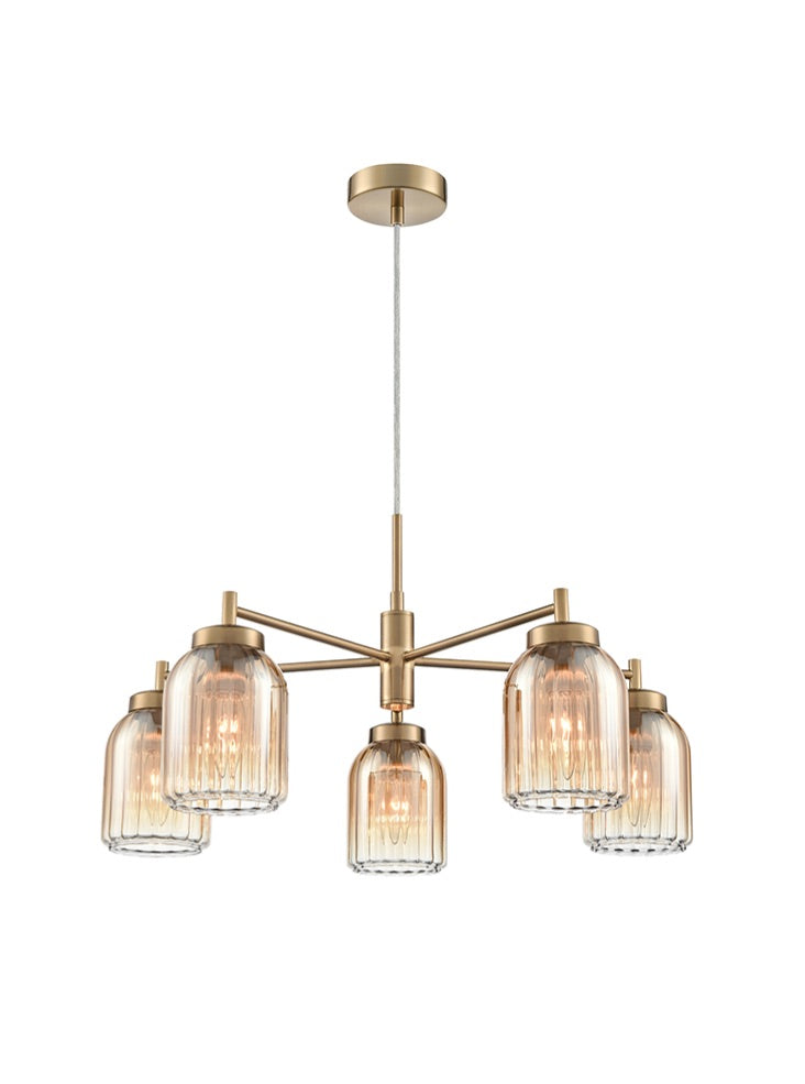 Franklite Caligo 5-Light Aged Brass Ribbed Amber Glass Chandelier
