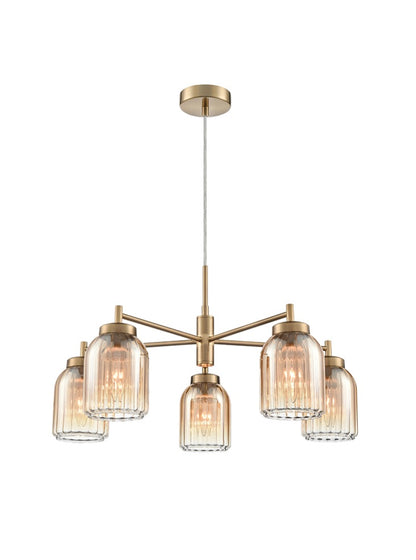 Franklite Caligo 5-Light Aged Brass Ribbed Amber Glass Chandelier