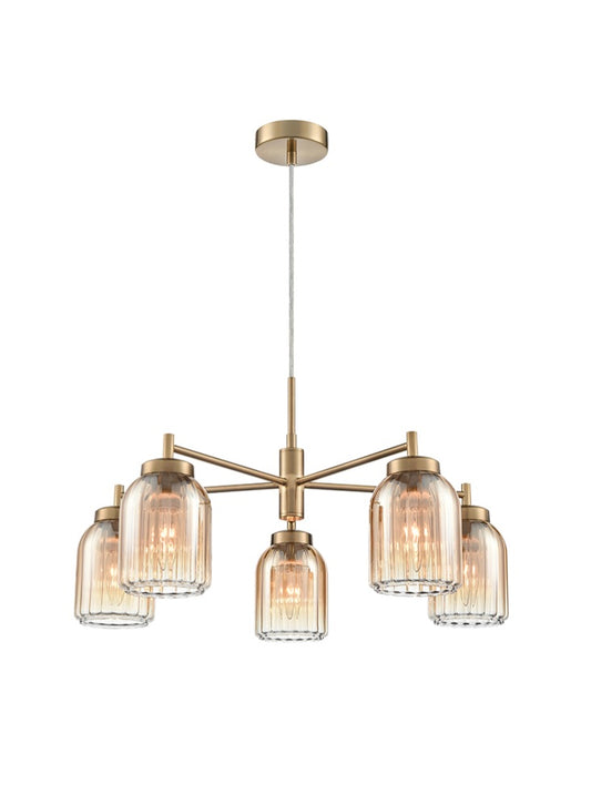 Franklite Caligo 5-Light Aged Brass Ribbed Amber Glass Chandelier