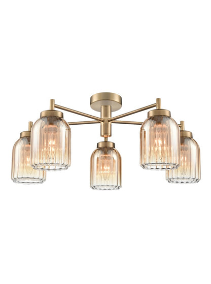 Franklite Caligo 5-Light Aged Brass Ribbed Amber Glass Chandelier