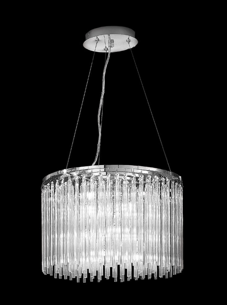 Franklite Carillon 9-Light Chrome Glass Rod Drum Chandelier