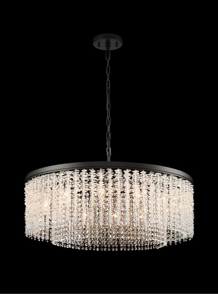Franklite Coral 12-Light Matte Black Crystal Drum Chandelier