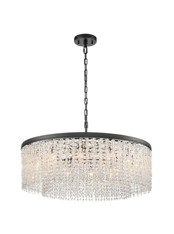 Franklite Coral 12-Light Matte Black Crystal Drum Chandelier