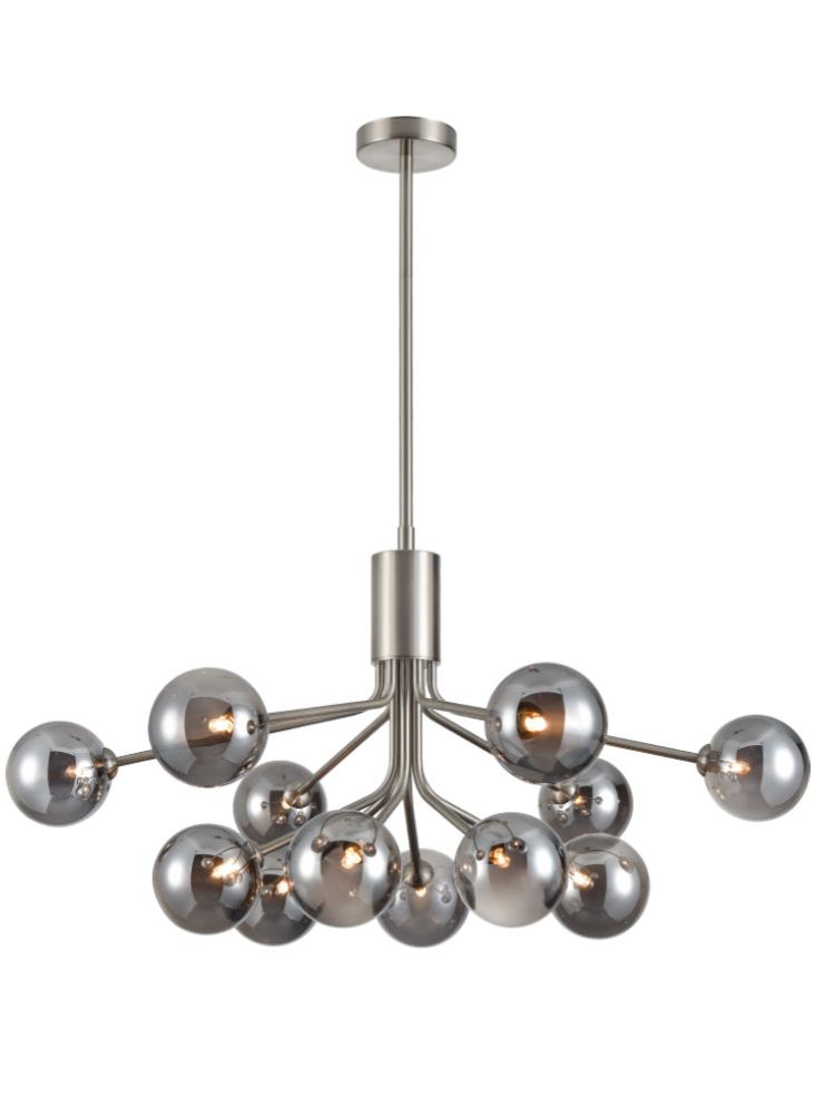 Franklite Cosmic 12-Light Satin Nickel Smoked Glass Globe Chandelier