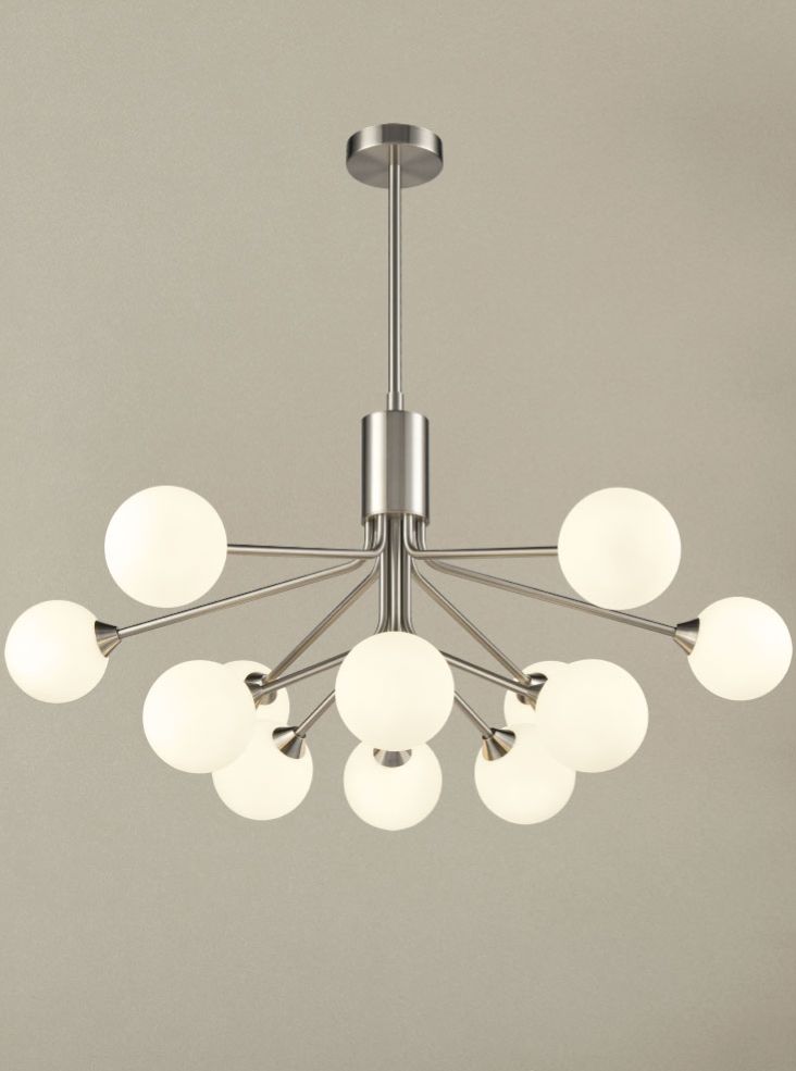 Franklite Cosmic 12-Light Satin Nickel Matte Opal Glass Pendant Chandelier