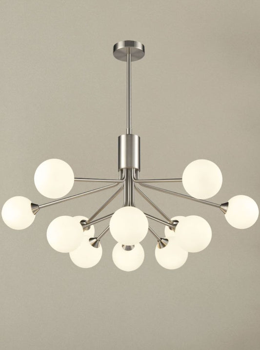Franklite Cosmic 12-Light Satin Nickel Matte Opal Glass Pendant Chandelier