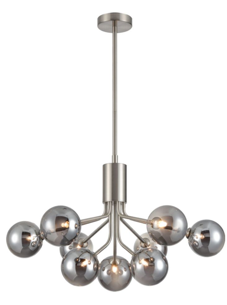Franklite Cosmic 9-Light Satin Nickel Smoked Glass Globe Chandelier