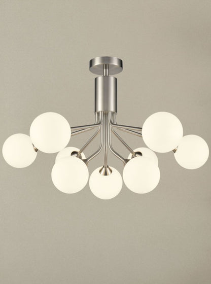 Franklite Cosmic 9-Light Satin Nickel Matte Opal Glass Globe Chandelier