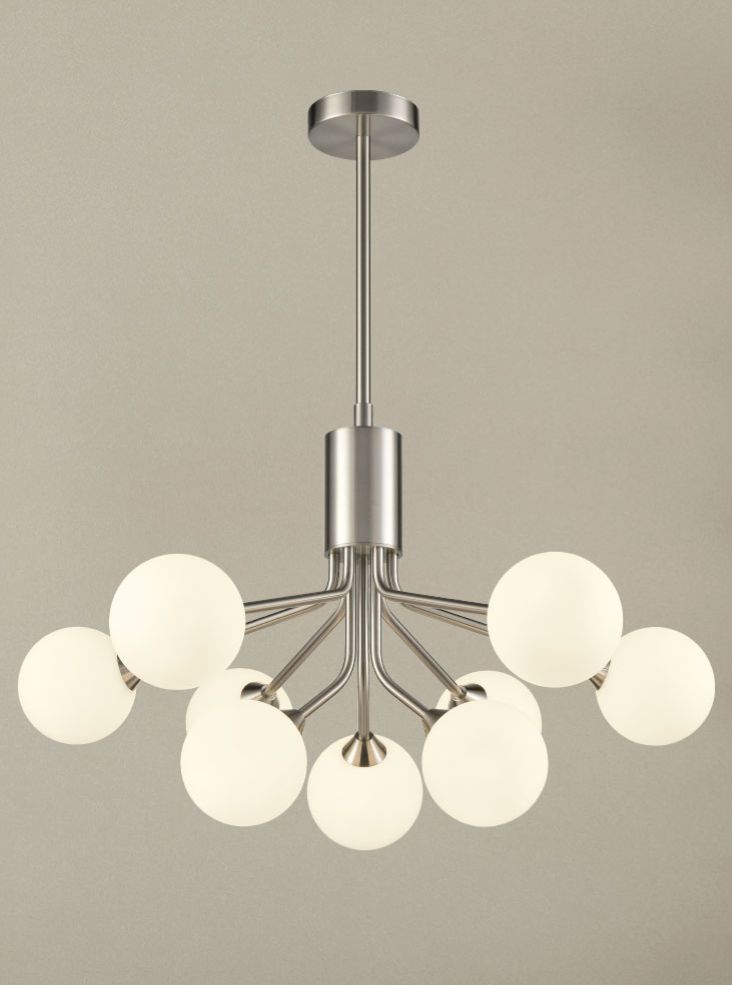 Franklite Cosmic 9-Light Satin Nickel Matte Opal Glass Globe Chandelier