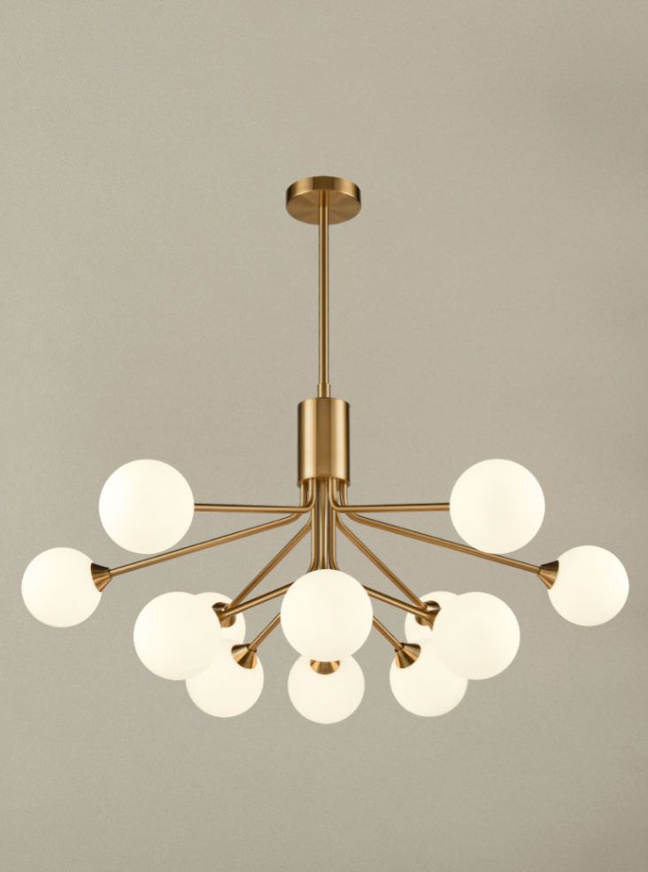 Franklite Cosmic 12-Light Antique Gold Matte Opal Glass Globe Chandelier
